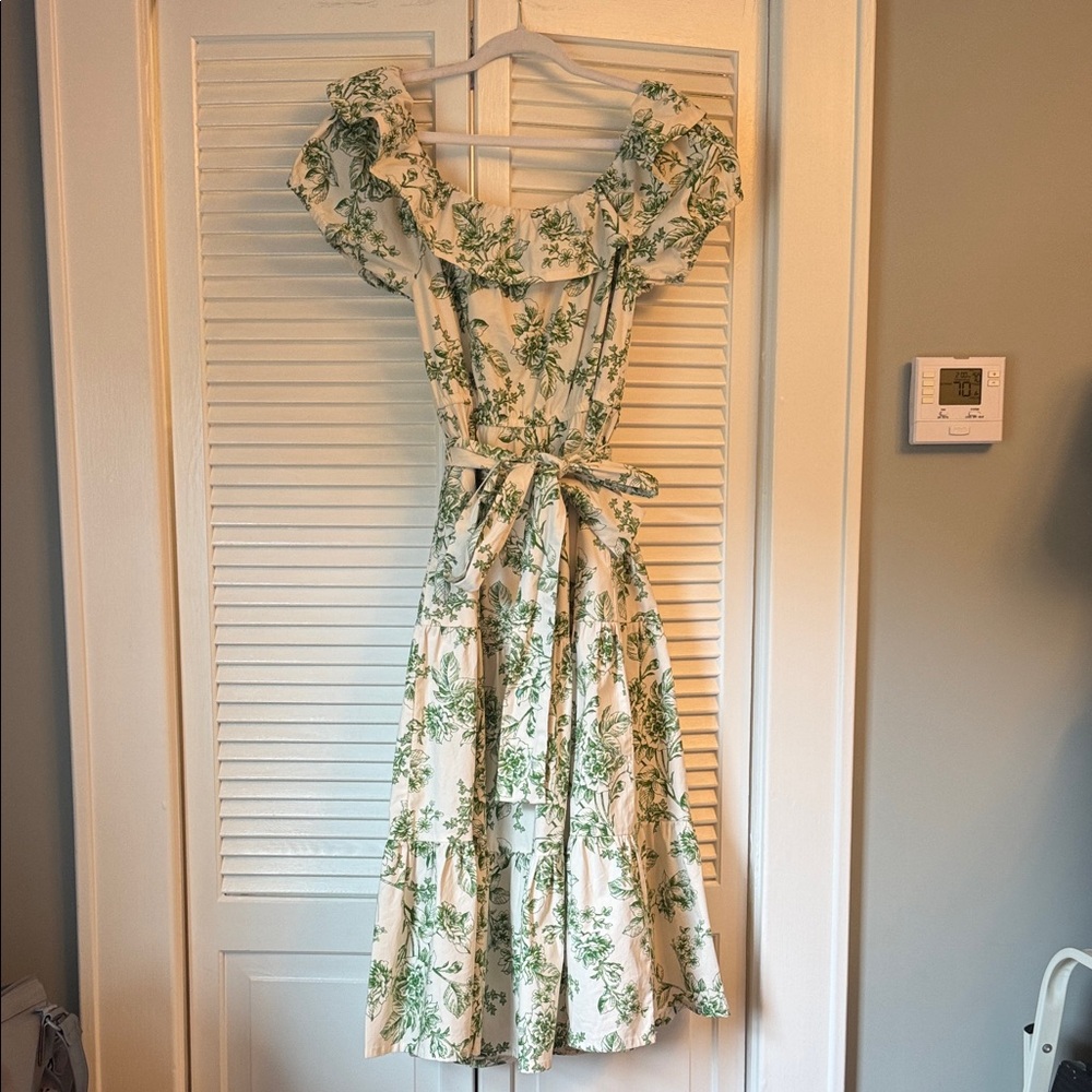 Green and White Flutter Sleeve Midi Sundress